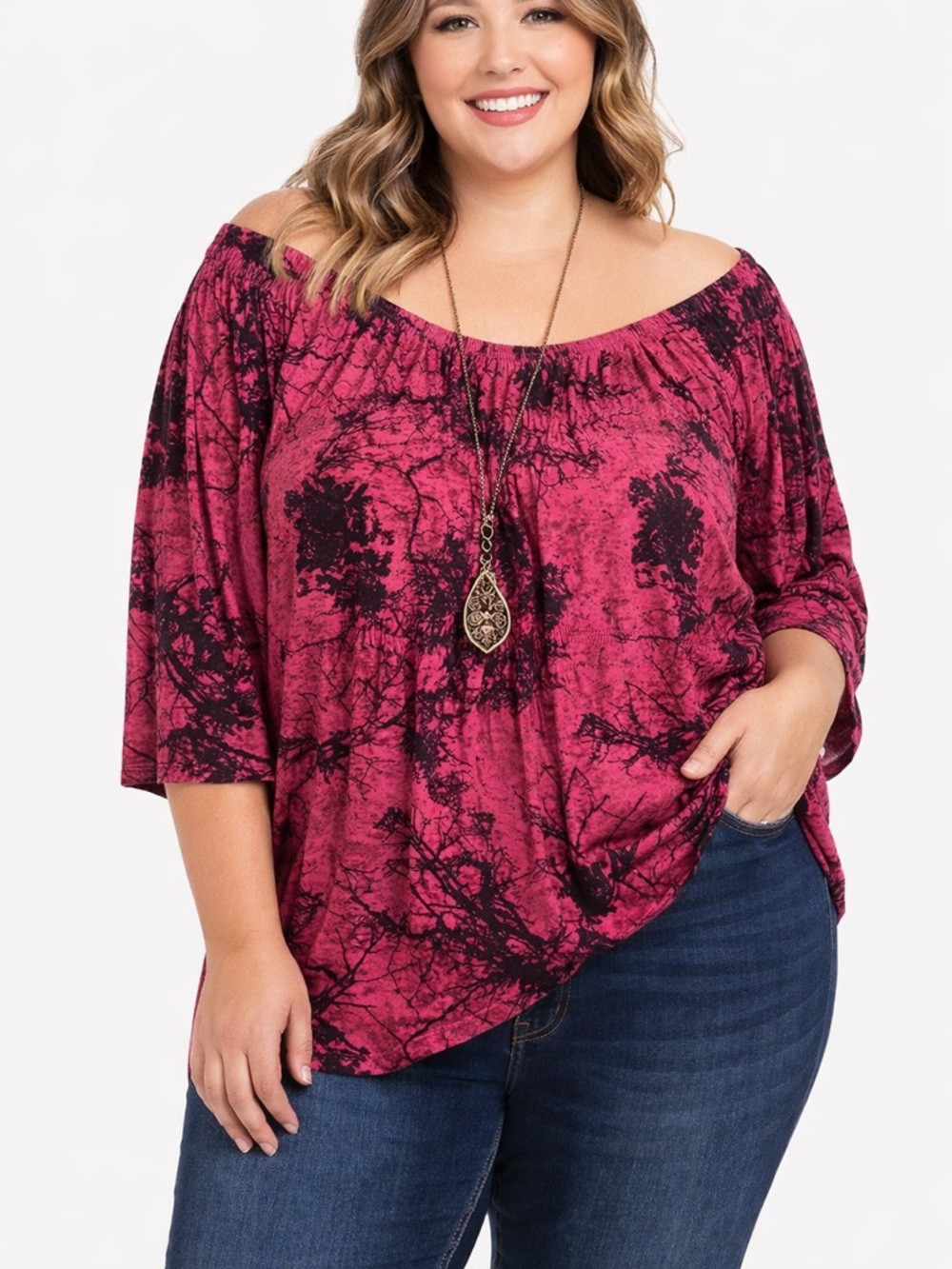 Penningtons 2X Fuchsia Pink Tree Print Peasant Blouse Boho Smocked Top